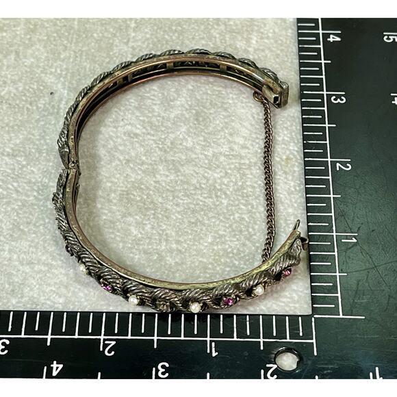 VTG Victorian Revival Hinged Bangle Amethyst Seed Pearls Safety Chain - Picture 13 of 16